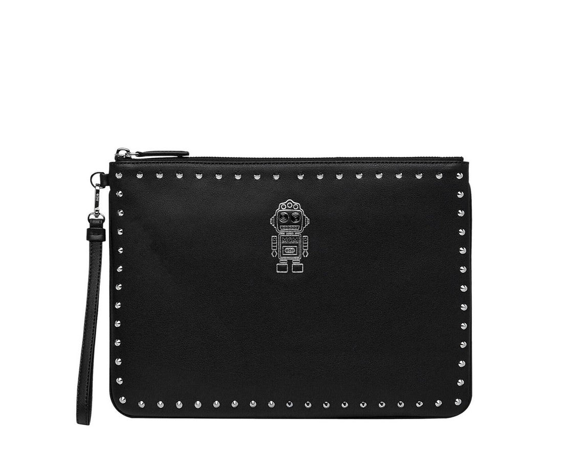 MCM Unisex Black Nappa Leather Studded Robert Wristlet Zip Pouch MZZ9SRO32BK001