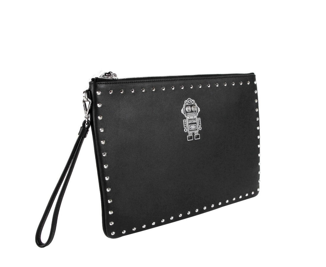 MCM Unisex Black Nappa Leather Studded Robert Wristlet Zip Pouch MZZ9SRO32BK001