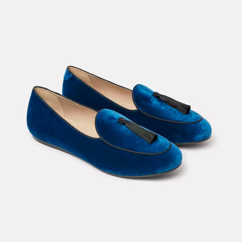 Charles Philip Elegant Dark Blue Silk Fabric Loafers with Men's Tassel
