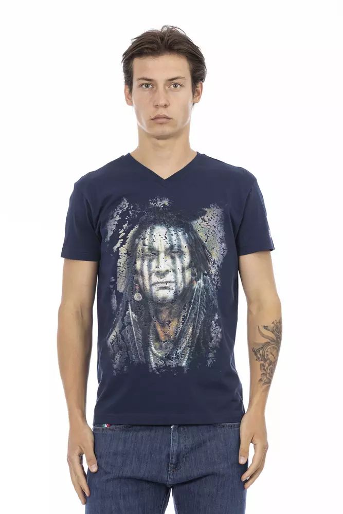 Trussardi Action Chic Blue V-Neck Tee with Bold Front Men's Print