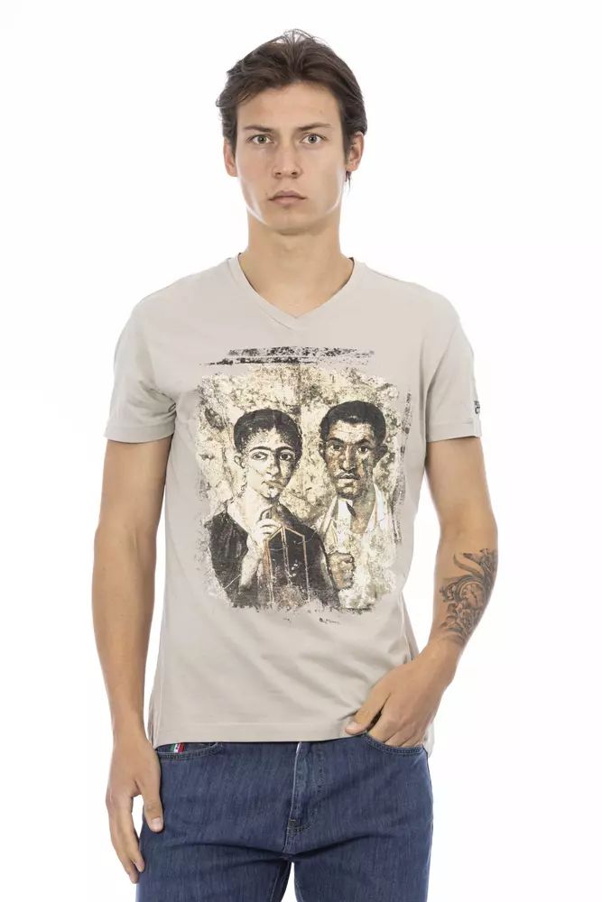 Trussardi Action Chic Beige V-Neck Tee With Front Men's Print