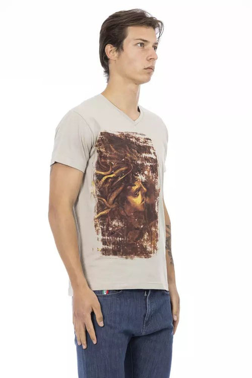Trussardi Action Beige V-Neck Tee with Chic Front Men's Print