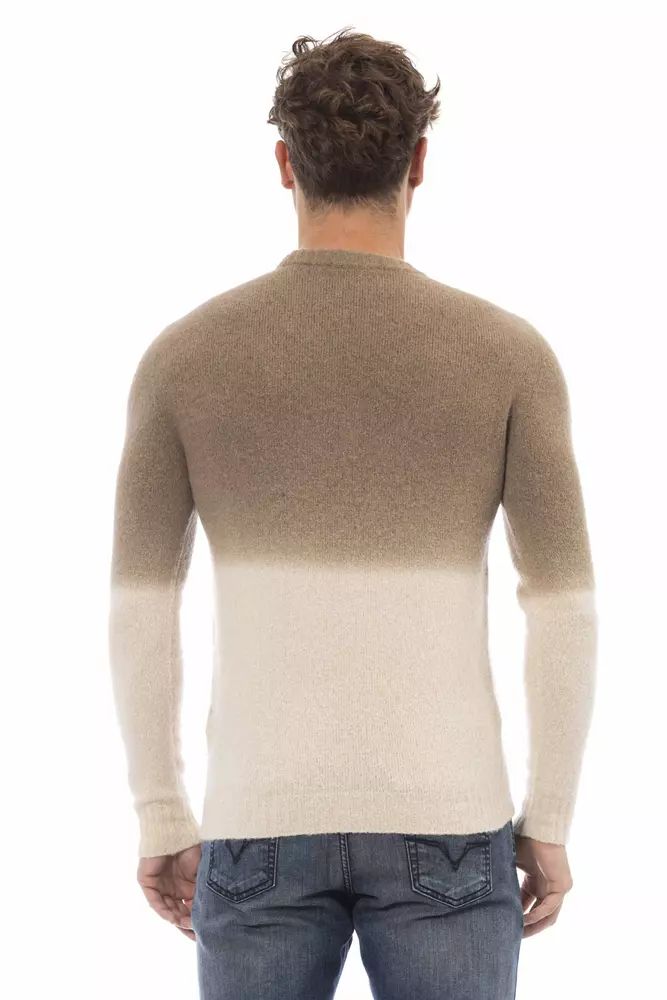 Alpha Studio Beige Crewneck Sweater with Ribbed Men's Details