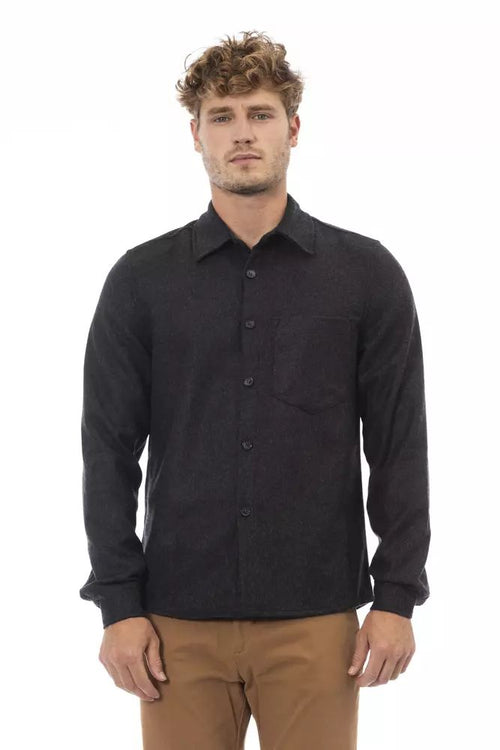 Alpha Studio Chic Gray Flannel Button-Up Shirt with Front Men's Pocket
