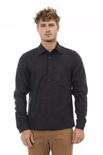 Alpha Studio Chic Gray Flannel Button-Up Shirt with Front Men's Pocket