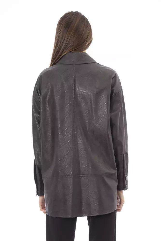 Alpha Studio Chic Brown Leatherette Shirt with Pocket Women's Detail