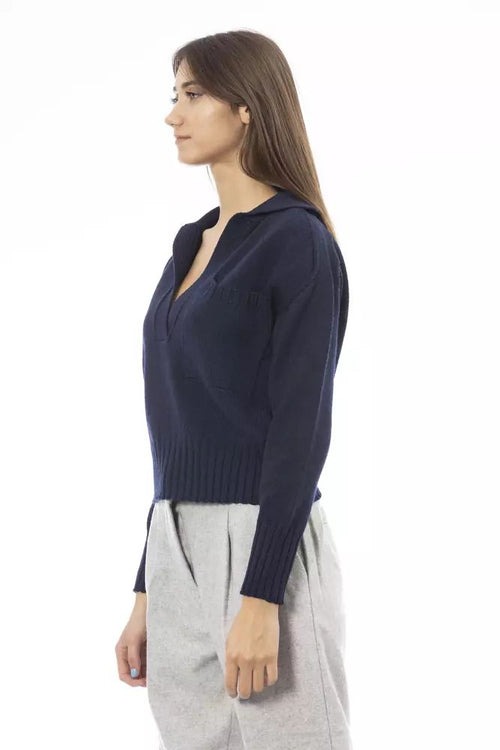 Alpha Studio Chic V-Neck Wool Blend Sweater in Women's Blue