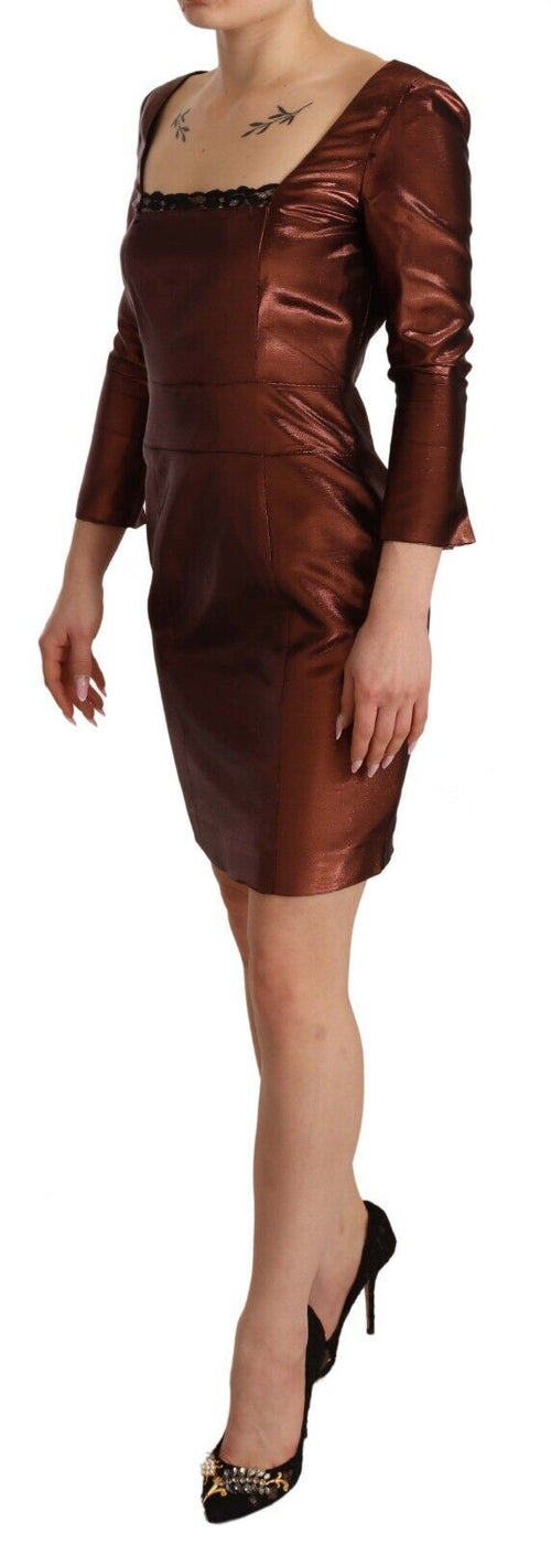 GF Ferre Metallic Brown Long Sleeves Square Neck Sheath Women's Dress