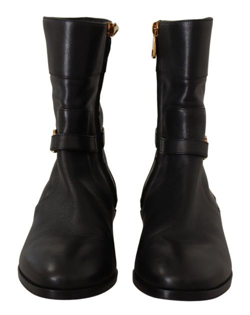 Dolce & Gabbana Black Leather Flats Logo Short Boots Women's Shoes