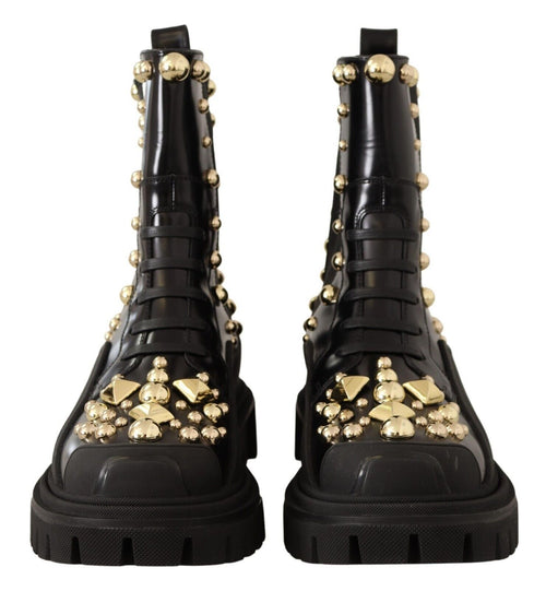 Dolce & Gabbana Studded Leather Combat Boots with Women's Embroidery