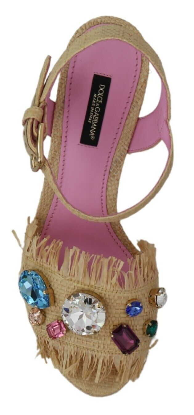 Dolce & Gabbana Beige Silk Strap Wedge Women's Sandals