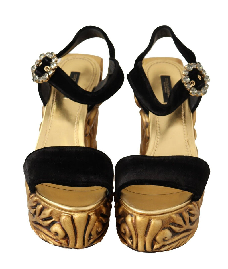 Dolce & Gabbana Baroque Velvet Heels in Black and Women's Gold
