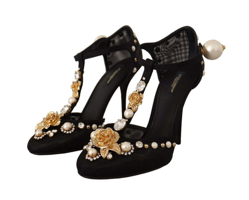 Dolce & Gabbana Black Faux Pearl Crystal Vally Heels Sandals Women's Shoes