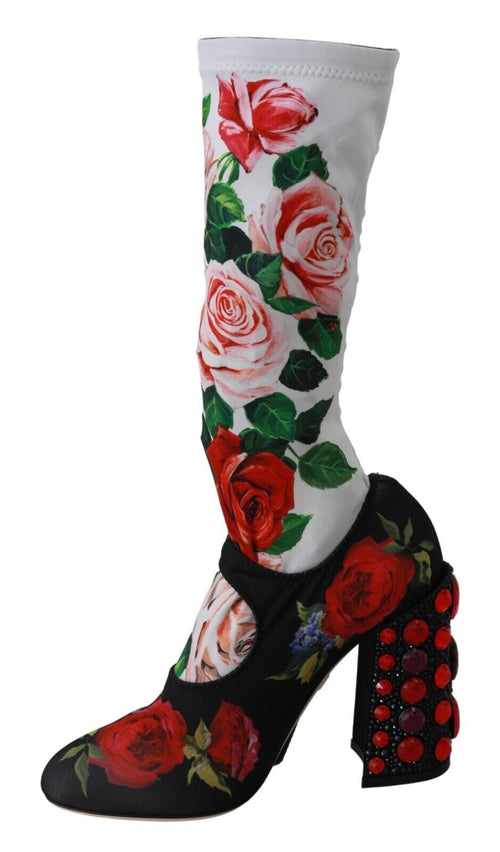 Dolce & Gabbana Black Floral Socks Crystal Jersey Boots Women's Shoes
