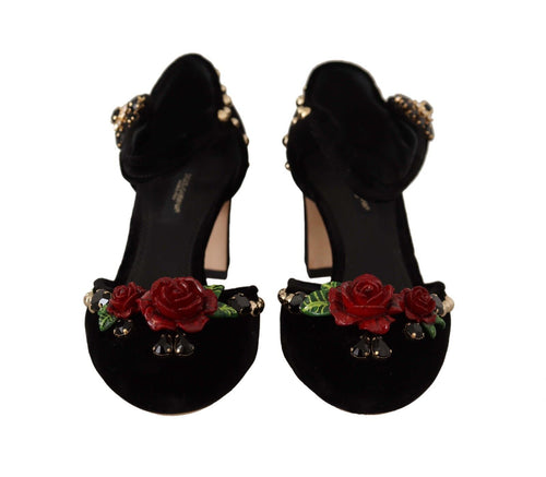 Dolce & Gabbana Black Embellished Ankle Strap Heels Sandals Women's Shoes