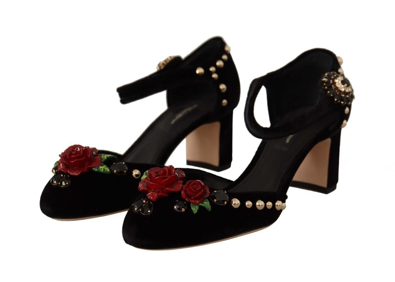 Dolce & Gabbana Black Crystal Rose Heel Women's Sandals