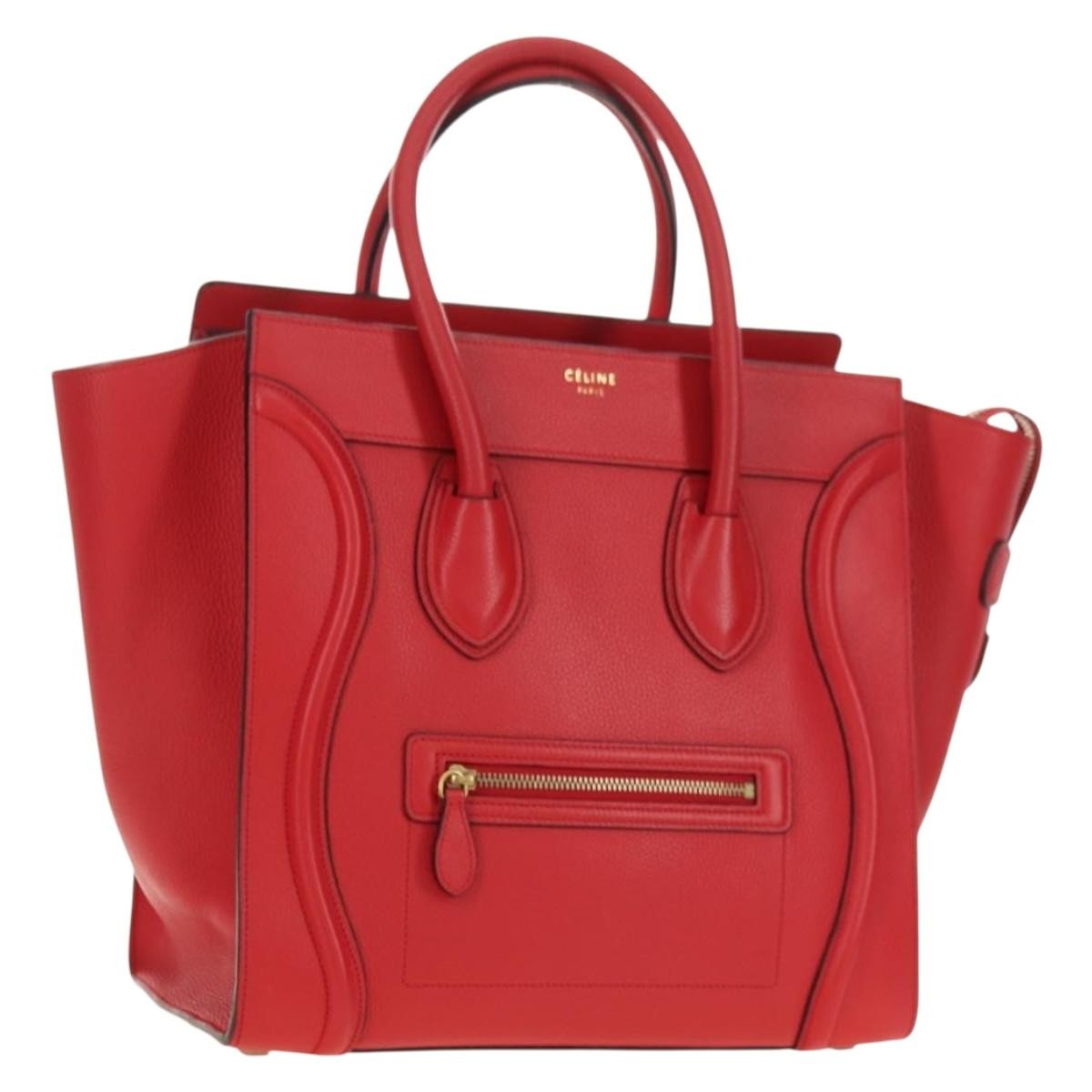 Celine Luggage Bag Grainy Leather Red Leather Handbag (Pre-Owned)
