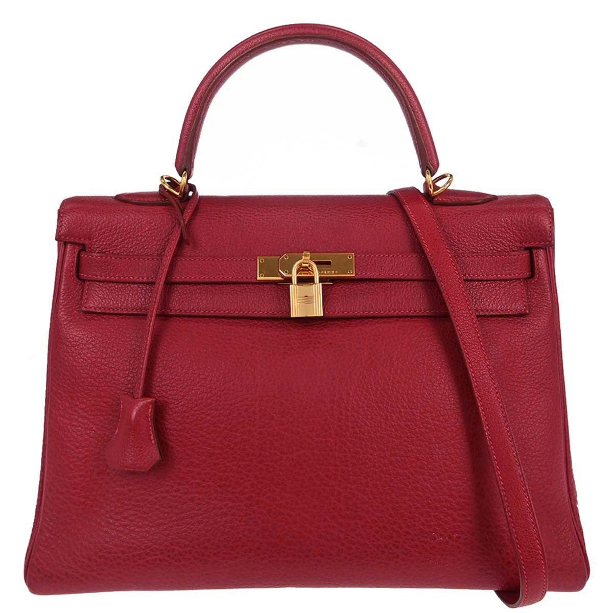 Hermes Kelly Handbag Red Clemence With Gold Hardware Red Leather Handbag (Pre-Owned)