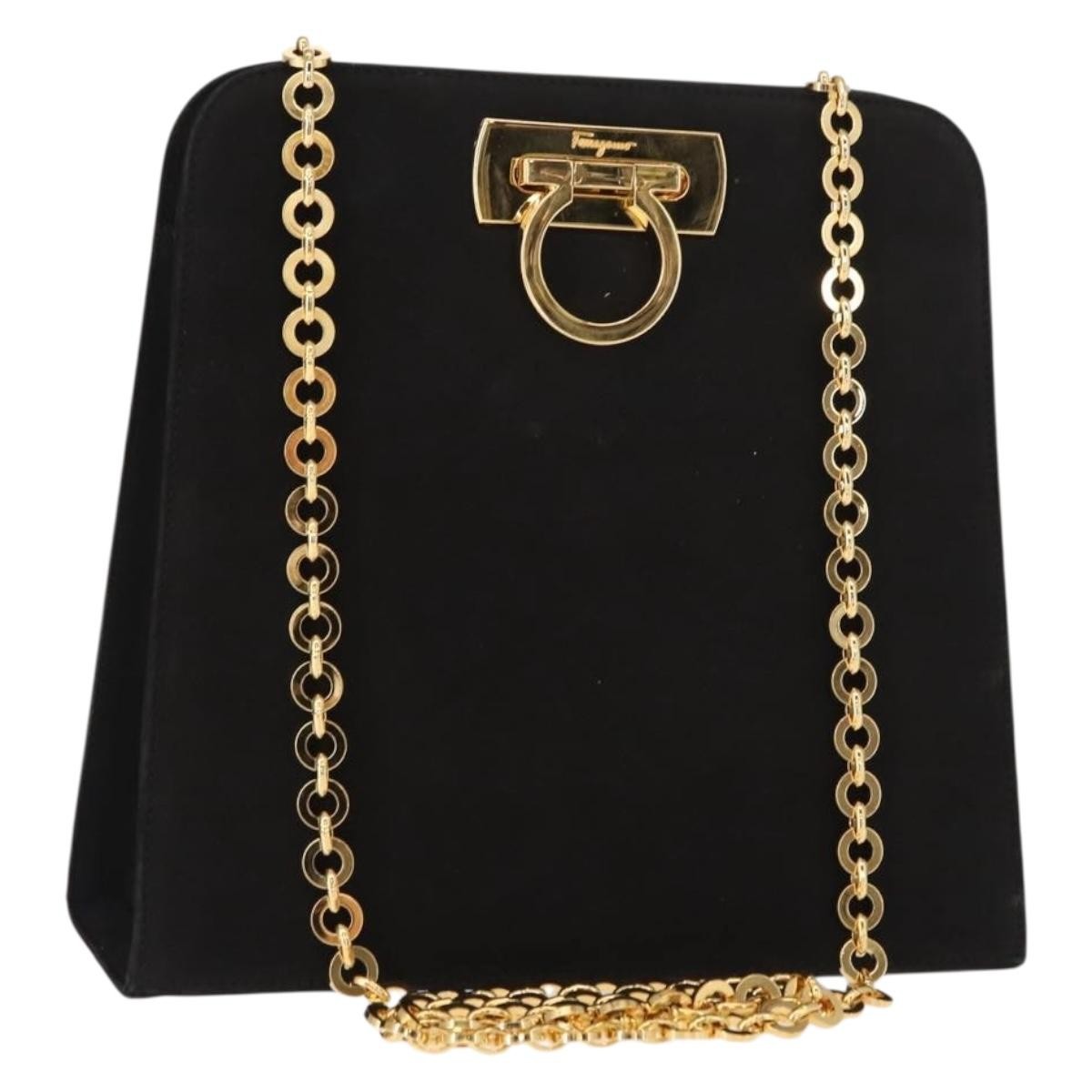 Salvatore Ferragamo Vintage Gancini Chain Shoulder Bag Suede Black Suede Shoulder Bag Bag (Pre-Owned)