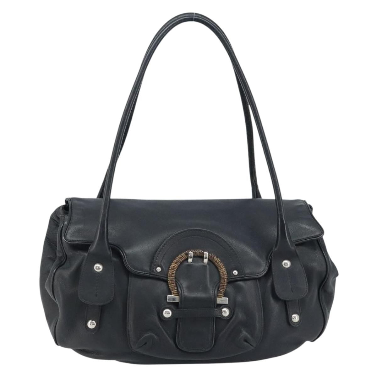 Salvatore Ferragamo Gancini Handbag Leather Black Leather Handbag (Pre-Owned)