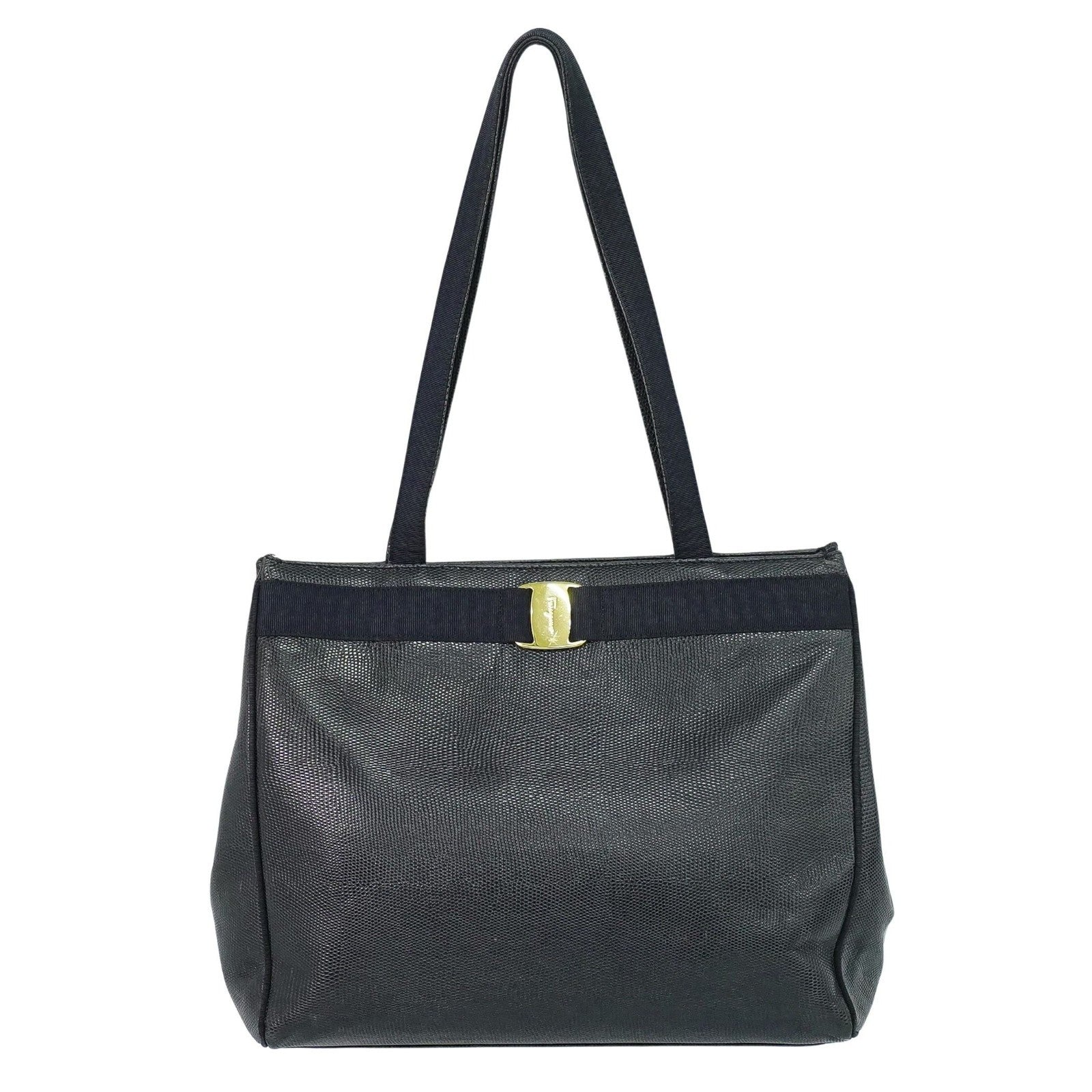 Salvatore Ferragamo Vintage Vara Bow Tote Lizard Embossed Leather Black Leather Tote Bag Bag (Pre-Owned)