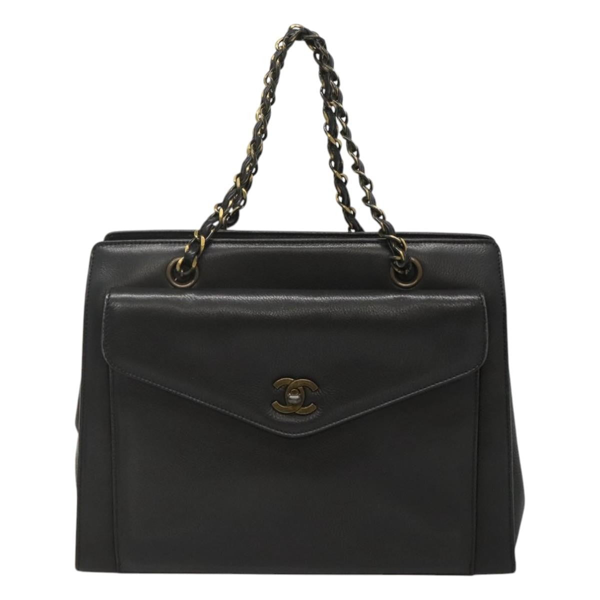 Chanel Vintage Front Pocket Chain Tote Leather Black Leather Shoulder Bag Bag (Pre-Owned)