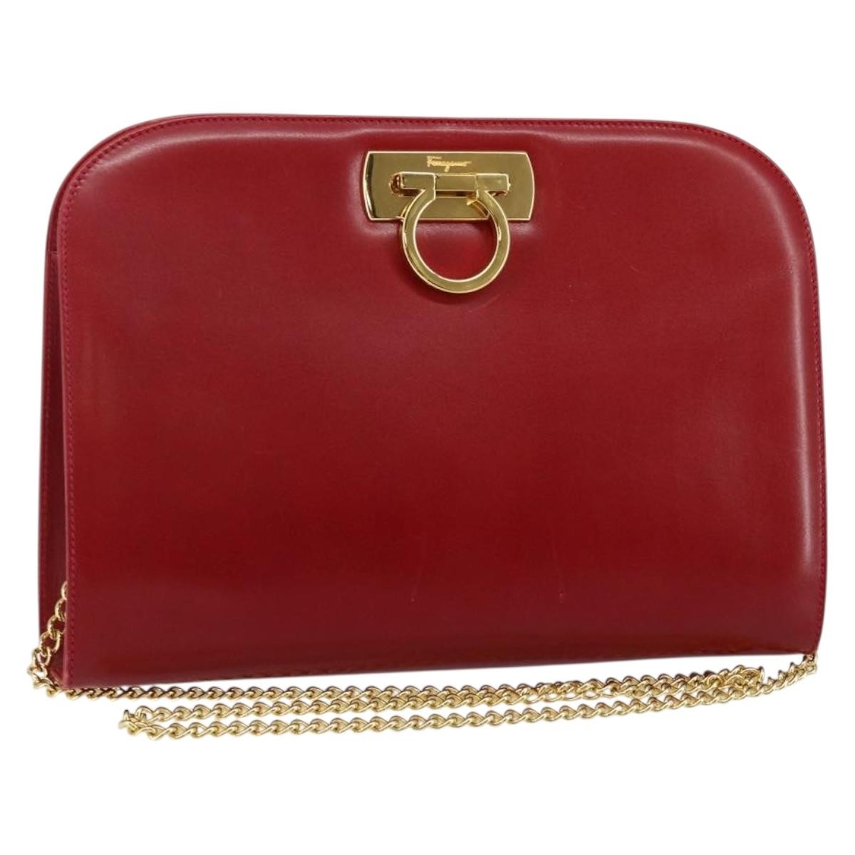 Salvatore Ferragamo Vintage Gancini Chain Shoulder Bag Leather Red Leather Bag (Pre-Owned)