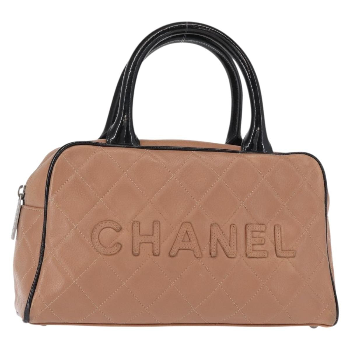 Chanel Embossed Logo Bowler Bag Quilted Caviar Beige Leather Handbag (Pre-Owned)