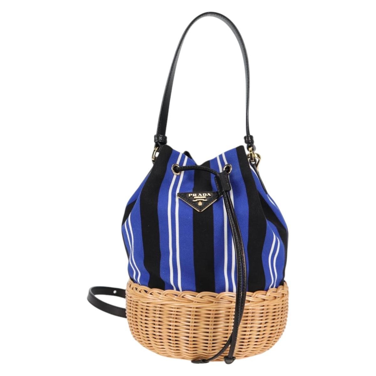 Prada Drawstring Bucket Bag Canvas And Wicker Blue Canvas Handbag (Pre-Owned)