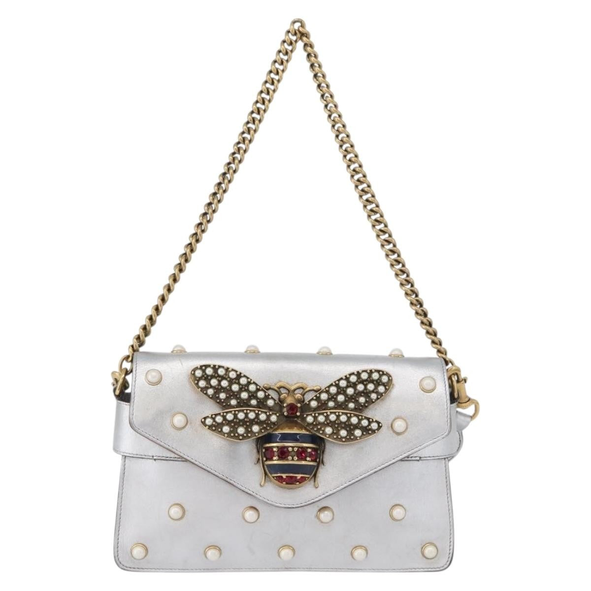Gucci Broadway Pearly Bee Shoulder Bag Embellished Leather Silver Leather Shoulder Bag Bag (Pre-Owned)