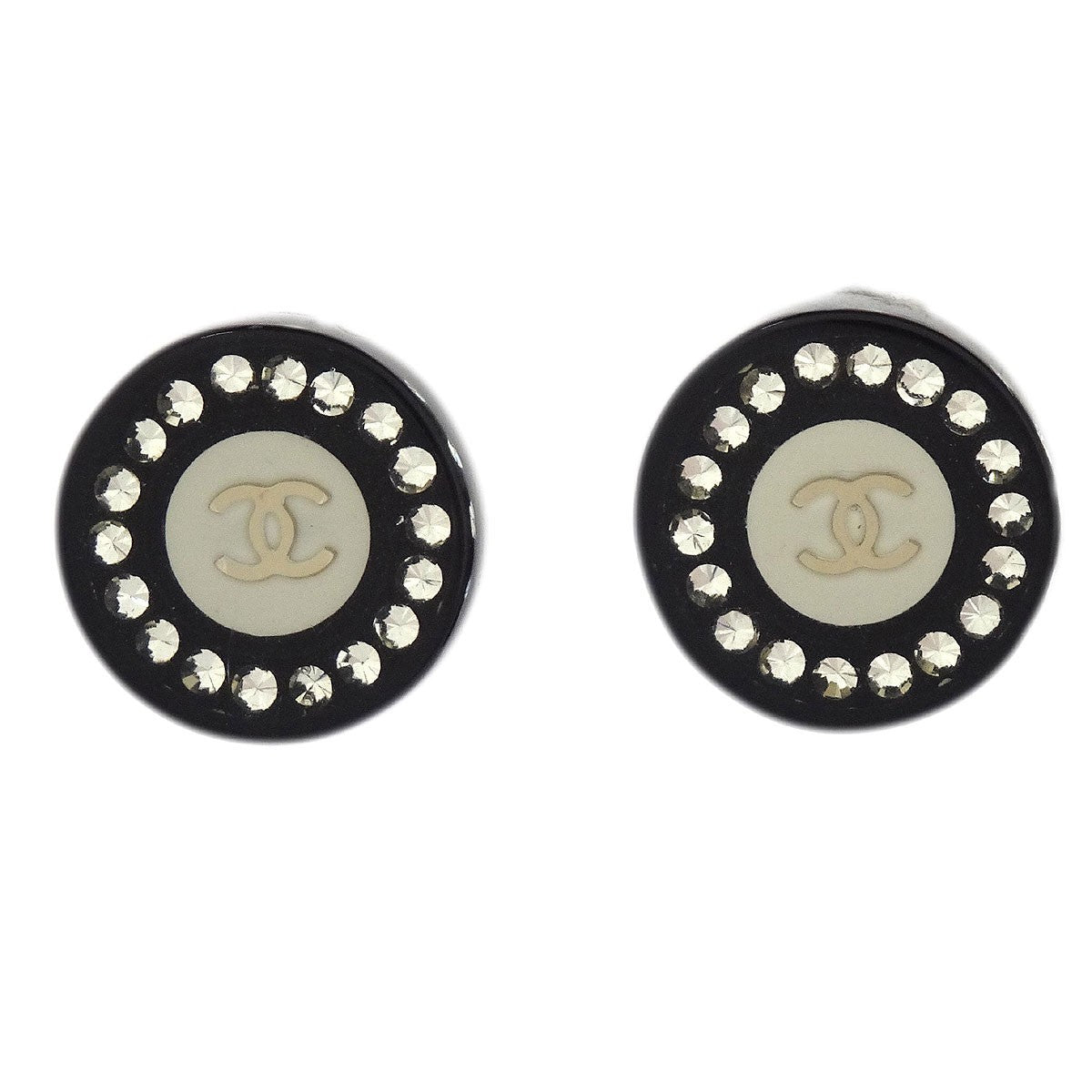 Chanel Vintage Cc Round Button Clip-On Earrings Metal Black Plastic Earrings Jewelry (Pre-Owned)