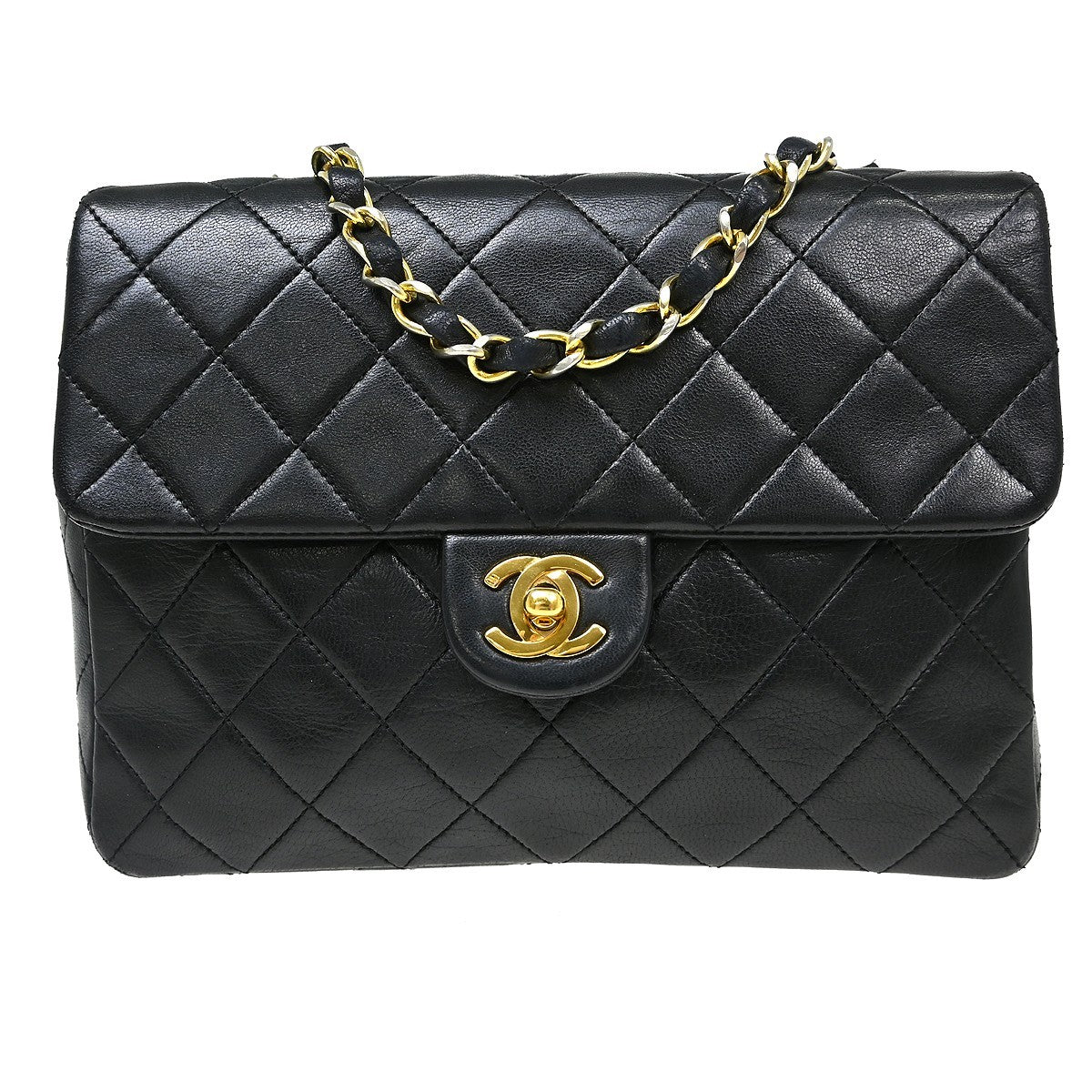 Chanel Vintage Square Classic Single Flap Bag Vertical Quilt Lambskin Black Leather Handbag (Pre-Owned)