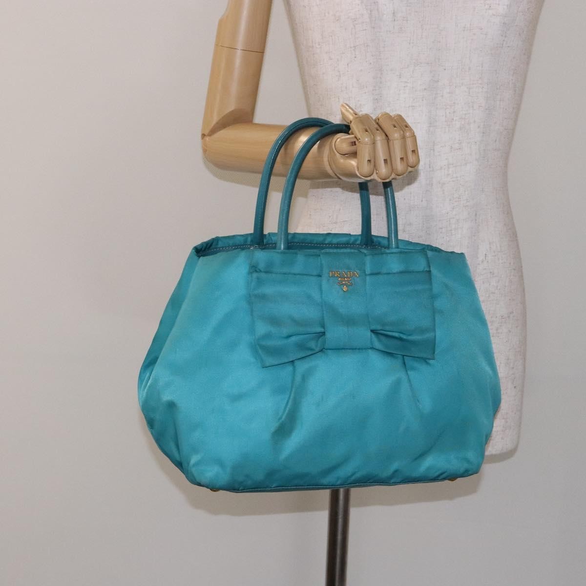 Prada Logo Bow Tote Tessuto With Leather Turquoise Nylon Bag (Pre-Owned)