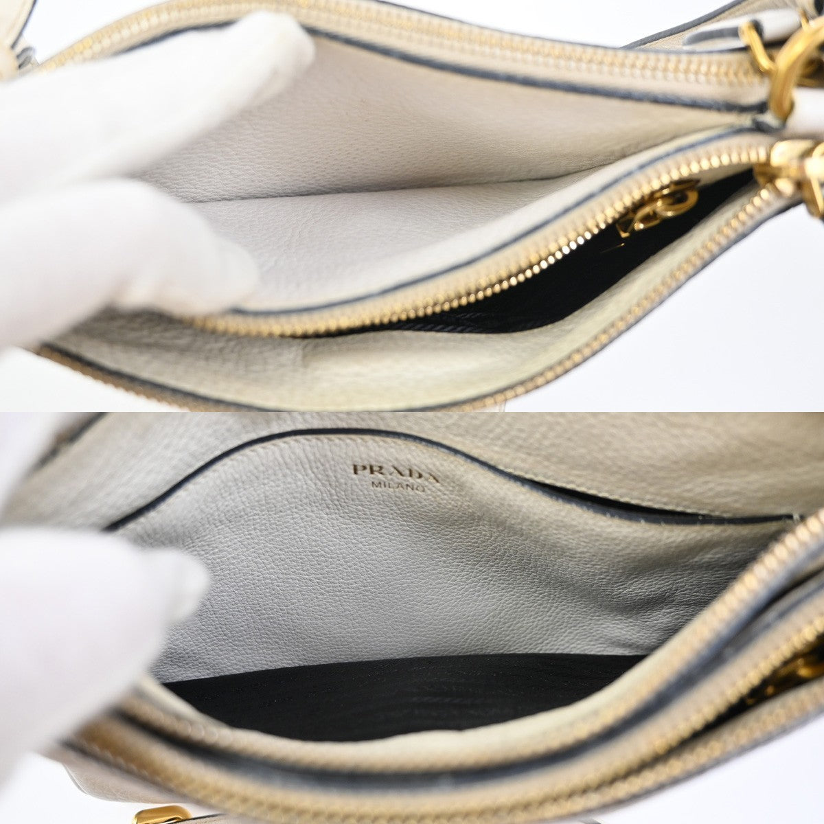 Prada Double Zip Crossbody Bag Vitello Daino White Leather Shoulder Bag Bag (Pre-Owned)