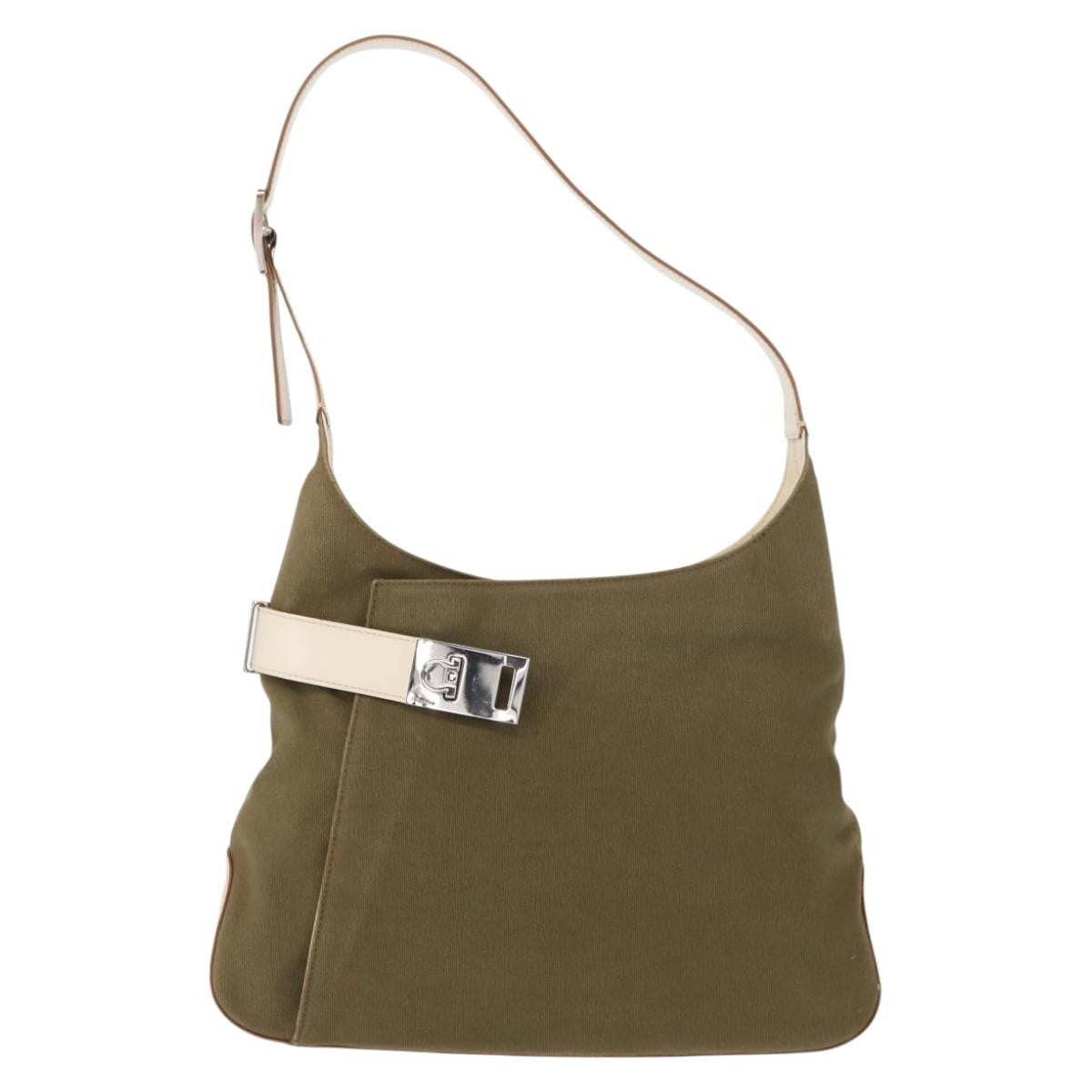 Salvatore Ferragamo Gancini Shoulder Bag Canvas Khaki Canvas Shoulder Bag Bag (Pre-Owned)