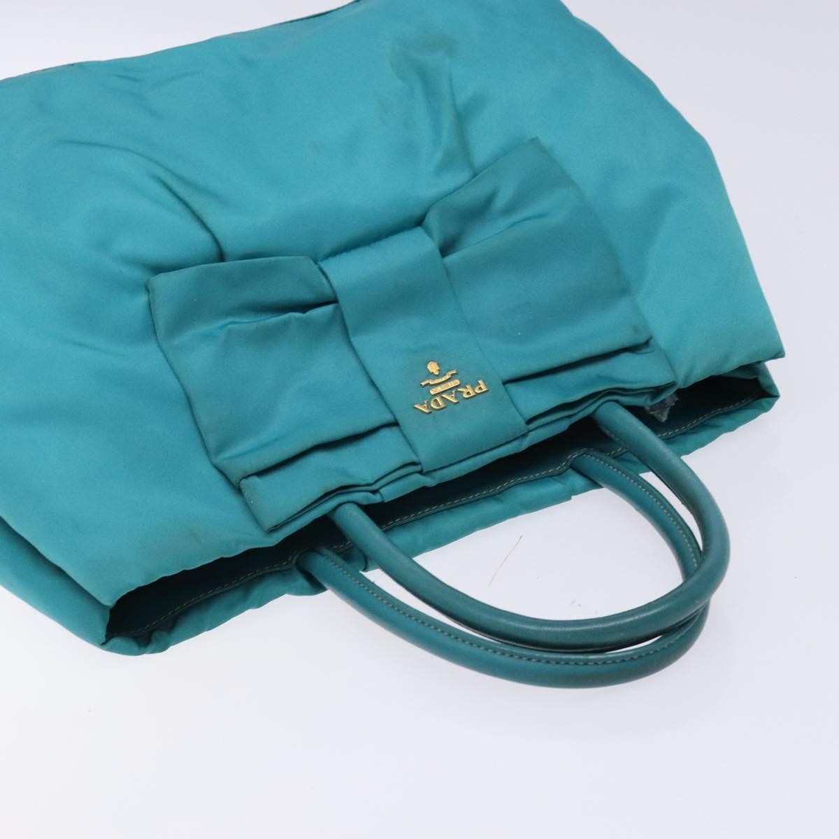 Prada Logo Bow Tote Tessuto With Leather Turquoise Nylon Bag (Pre-Owned)