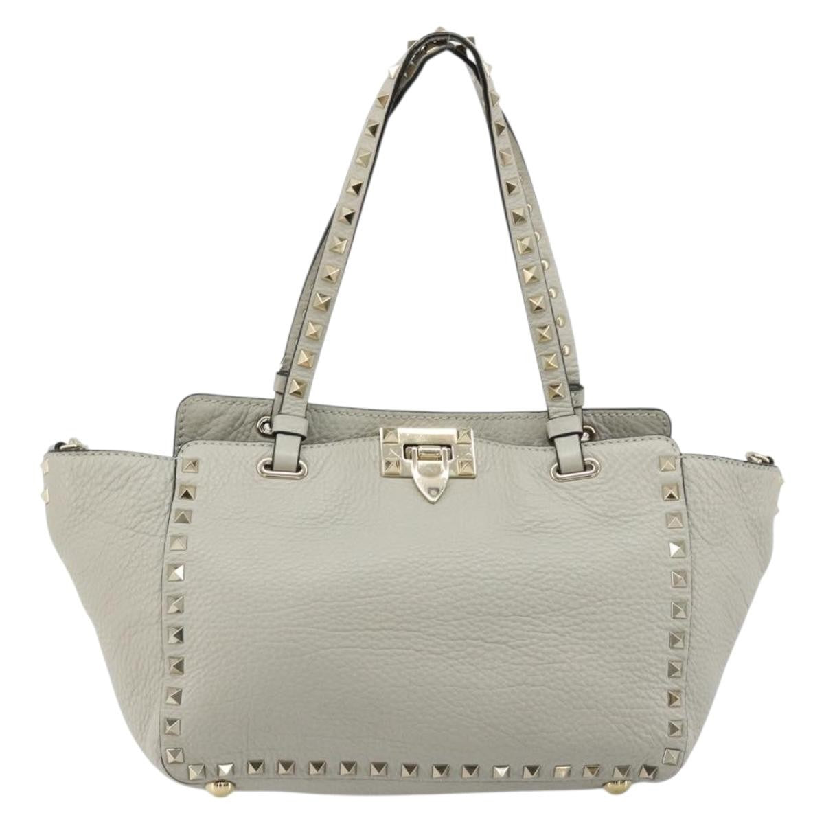 Valentino Garavani Rockstud Tote Textured Leather Gray Leather Tote Bag Bag (Pre-Owned)