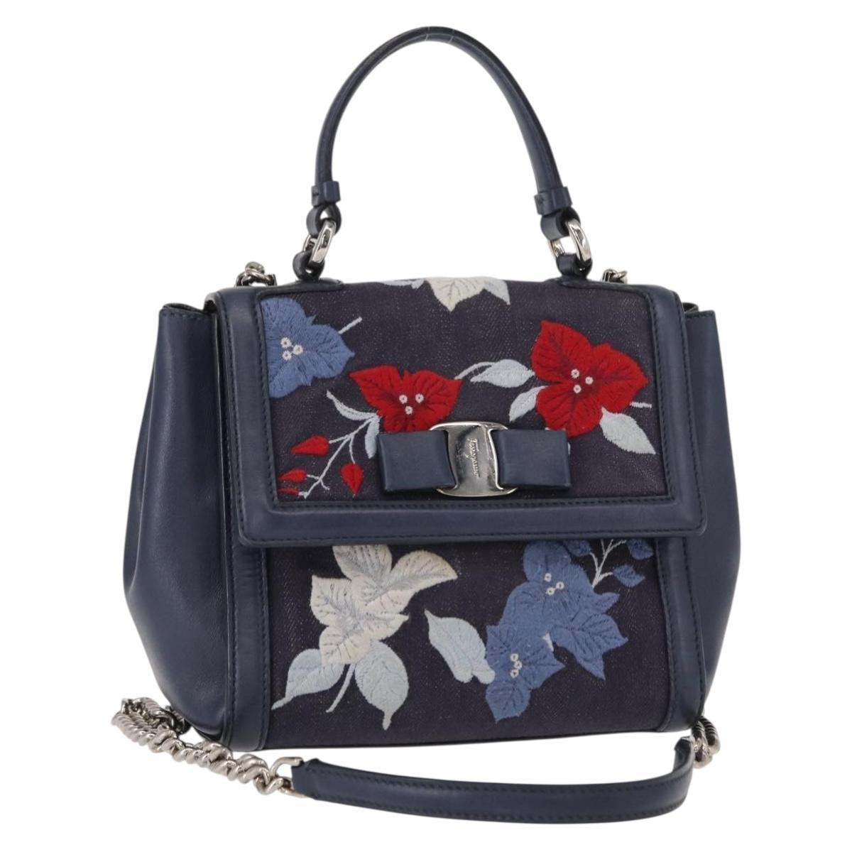 Salvatore Ferragamo Vala Handbag Leather Navy Denim_Jeans Handbag (Pre-Owned)