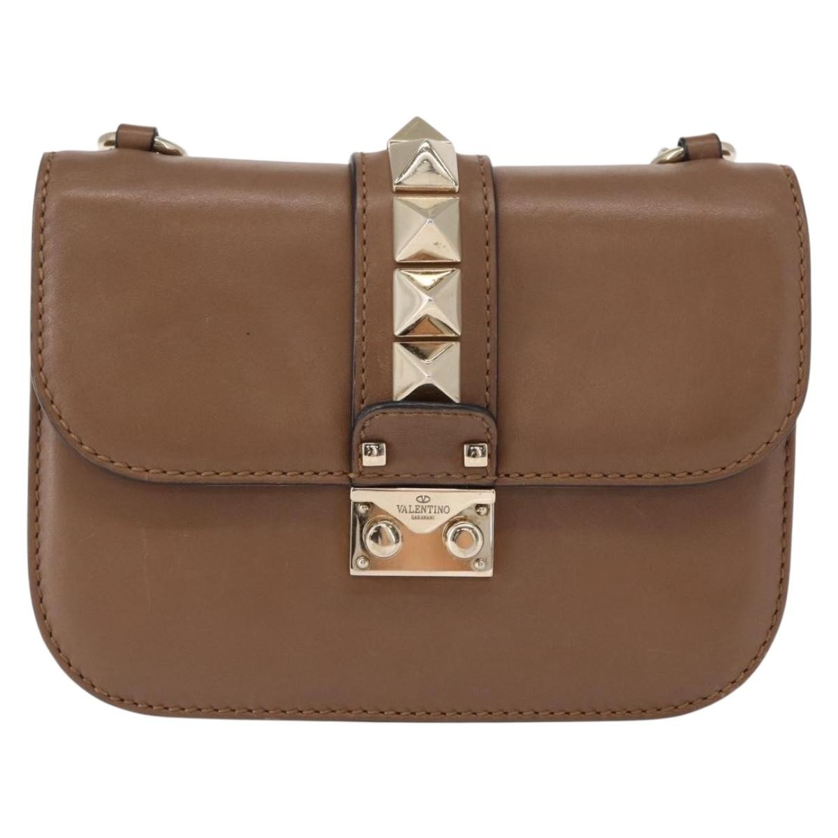 Valentino Garavani Rolling Rockstud Glam Lock Shoulder Bag Leather Brown Leather Shoulder Bag Bag (Pre-Owned)