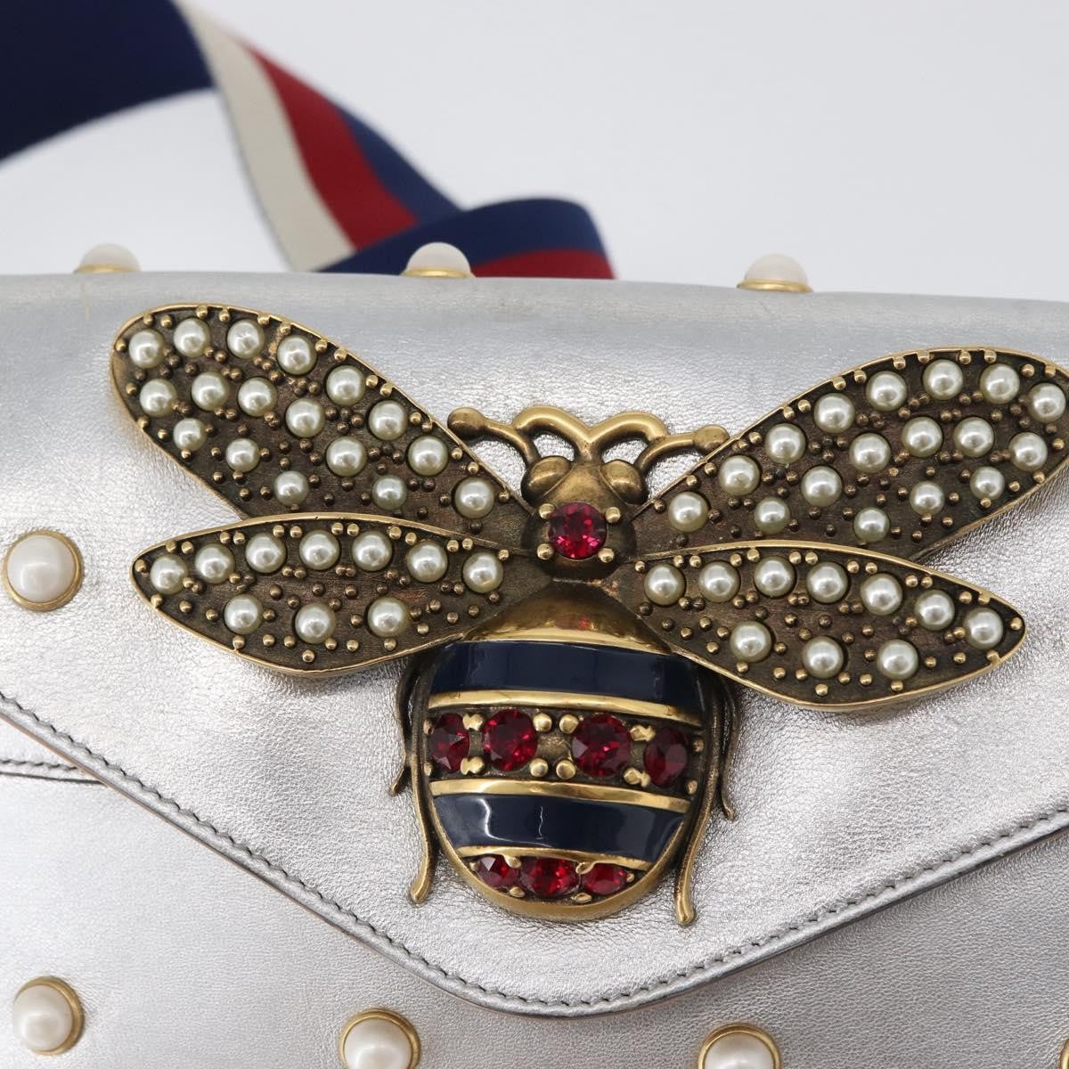 Gucci Broadway Pearly Bee Shoulder Bag Embellished Leather Silver Leather Shoulder Bag Bag (Pre-Owned)