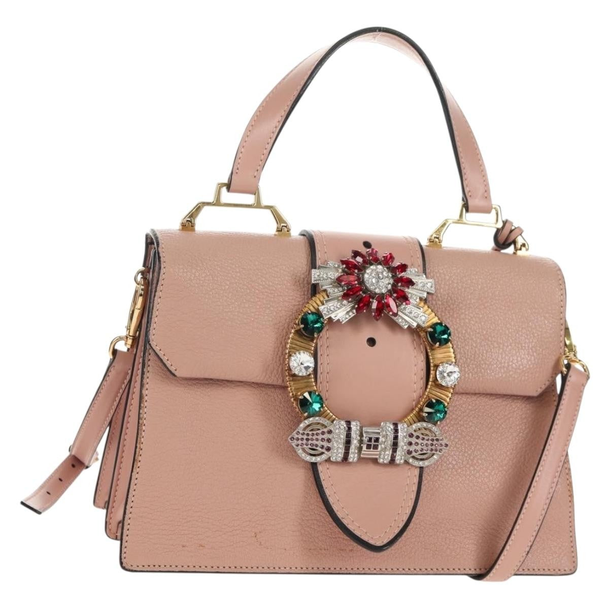 Miu Miu Madras Crystal Buckle Shoulder Bag Leather Pink Leather Handbag (Pre-Owned)