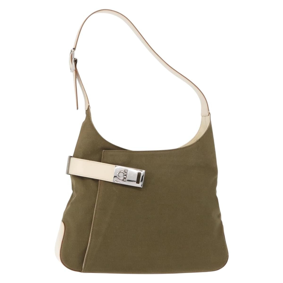 Salvatore Ferragamo Gancini Shoulder Bag Canvas Khaki Canvas Shoulder Bag Bag (Pre-Owned)