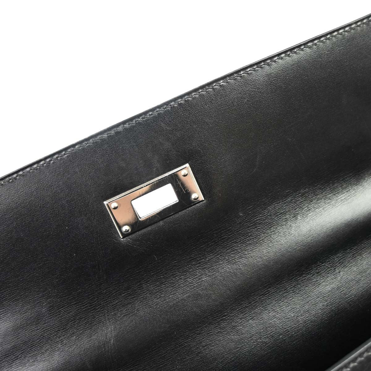 Hermes Kelly Handbag Black Box Calf With Palladium Hardware Black Leather Handbag (Pre-Owned)