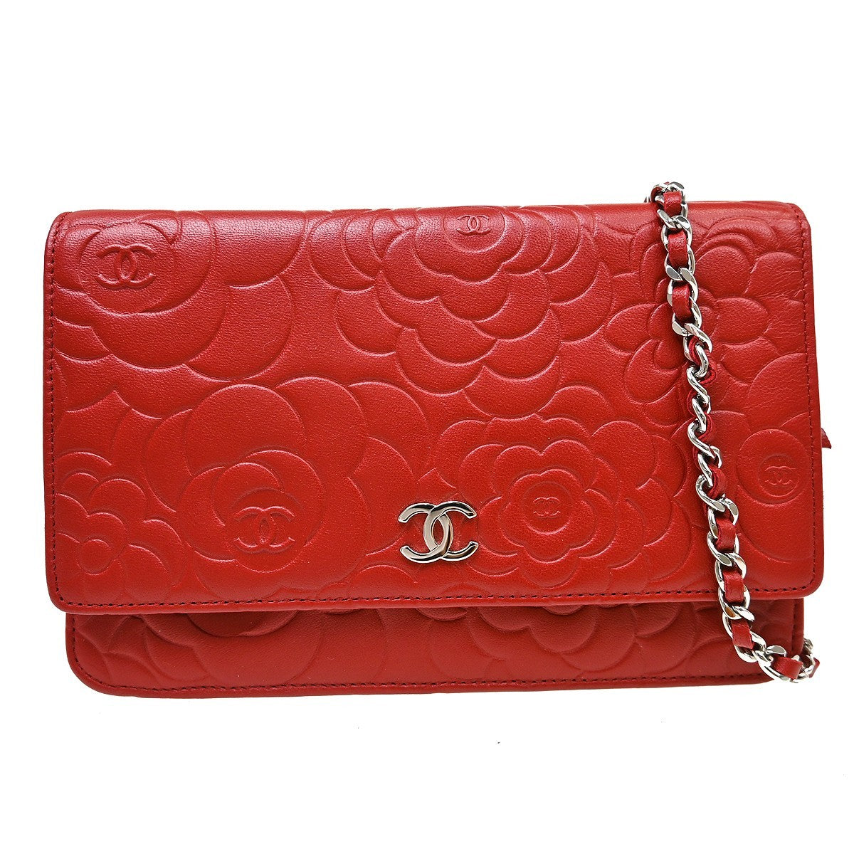 Chanel Wallet On Chain Camellia Lambskin Red Leather Clutche & Pouche Bag (Pre-Owned)
