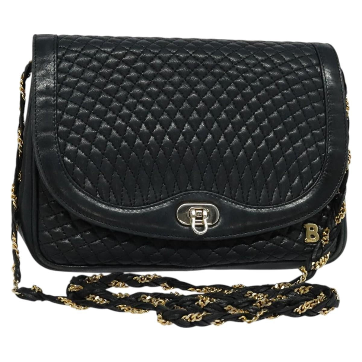 Bally Vintage Chain Shoulder Bag Quilted Leather Navy Leather Shoulder Bag Bag (Pre-Owned)