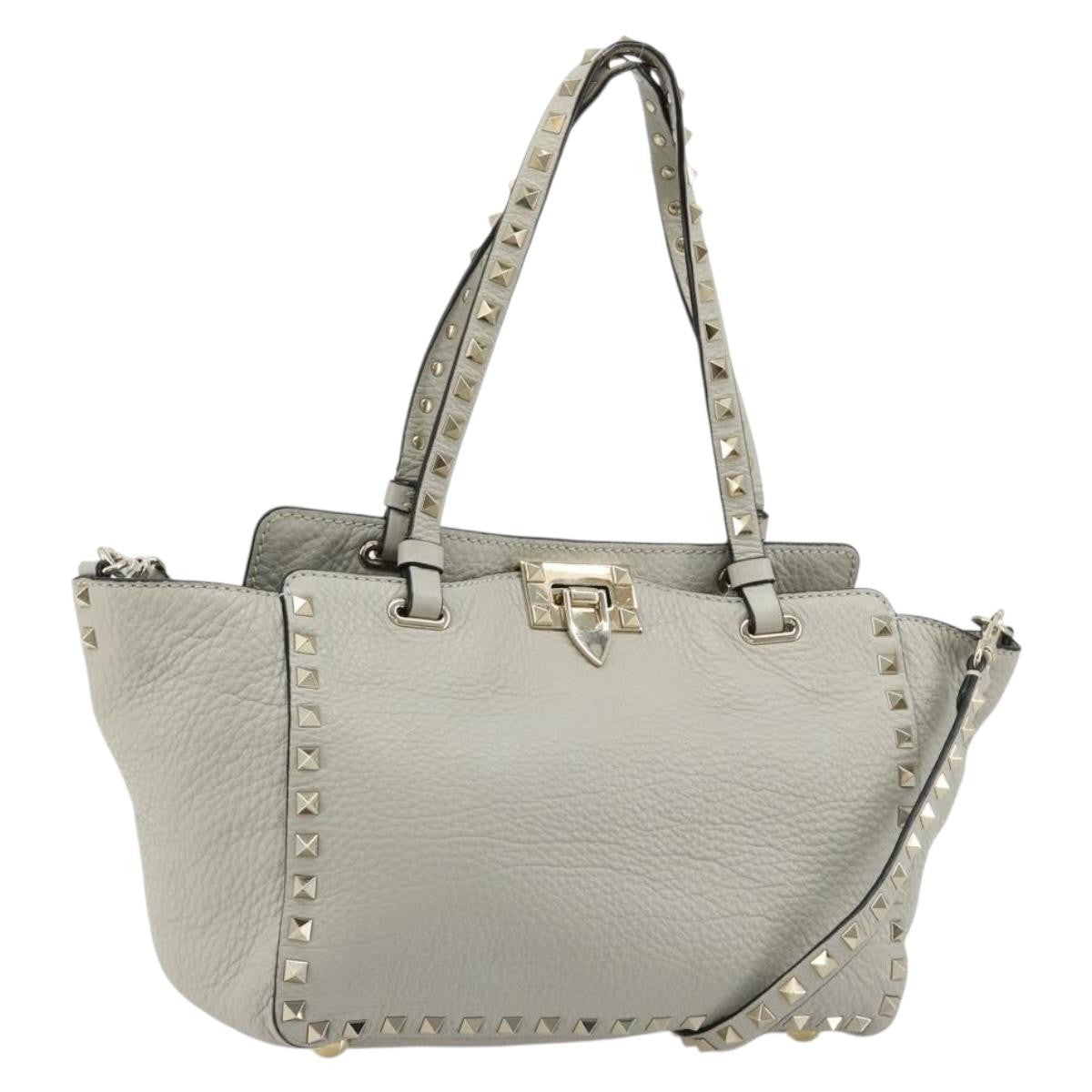 Valentino Garavani Rockstud Tote Textured Leather Gray Leather Tote Bag Bag (Pre-Owned)