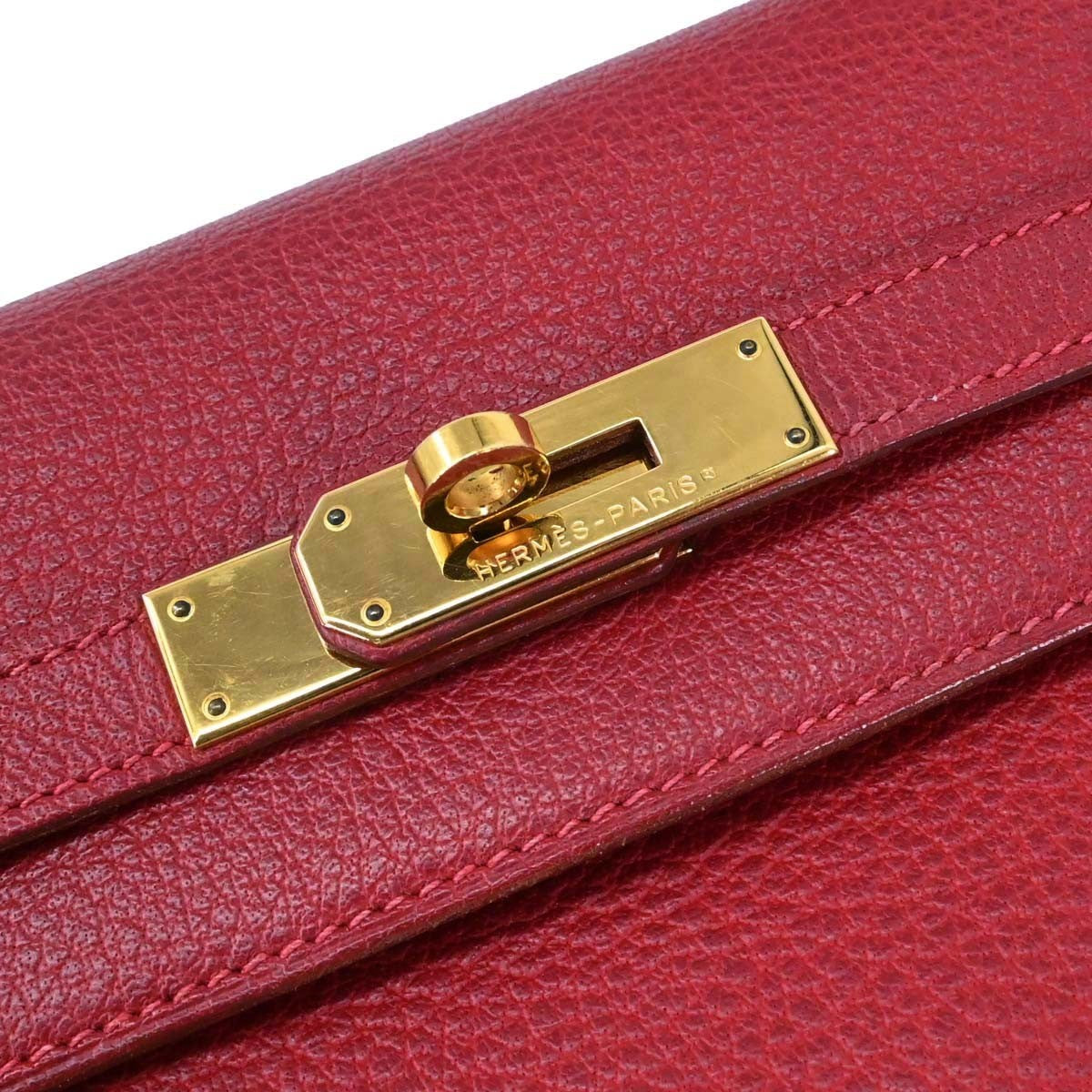 Hermes Kelly Handbag Red Clemence With Gold Hardware Red Leather Handbag (Pre-Owned)