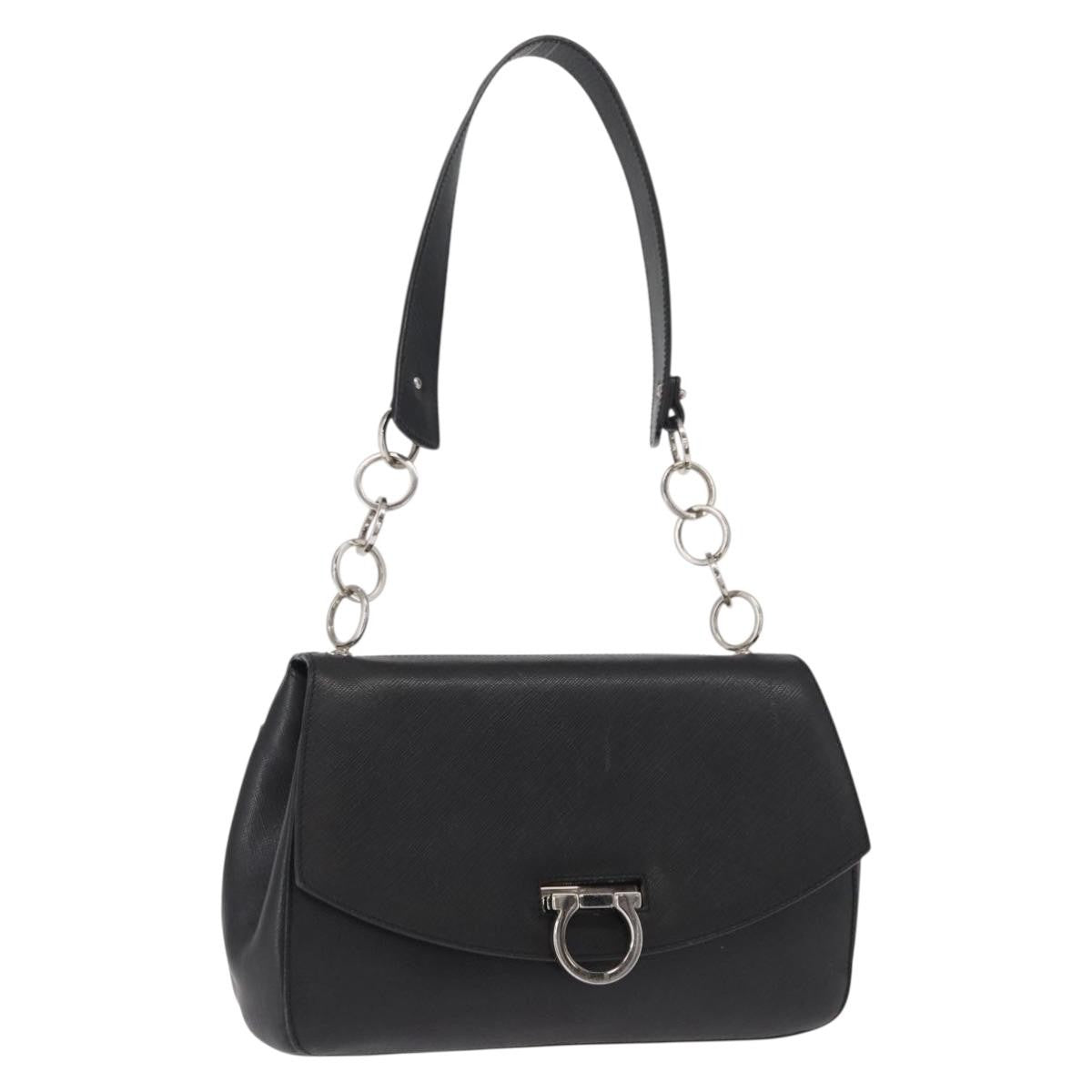 Salvatore Ferragamo Gancini Shoulder Bag Leather Black Leather Shoulder Bag Bag (Pre-Owned)