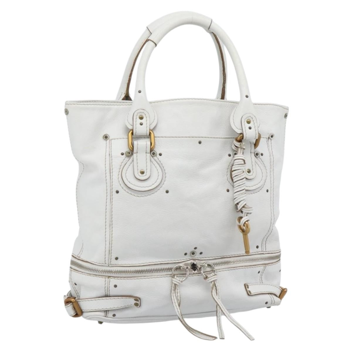 Chloe Paddington Lock Tote Leather White_Gold Leather Tote Bag Bag (Pre-Owned)