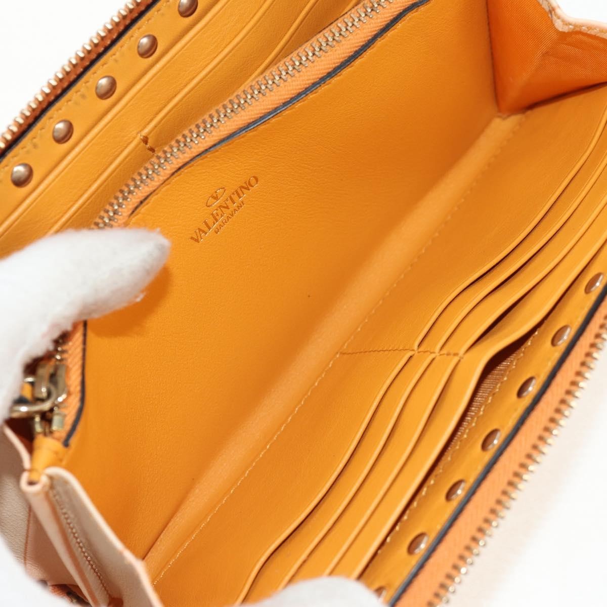 Valentino Garavani Rockstud Zip Around Wallet Striped Leather Orange Leather Wallets Accessory (Pre-Owned)
